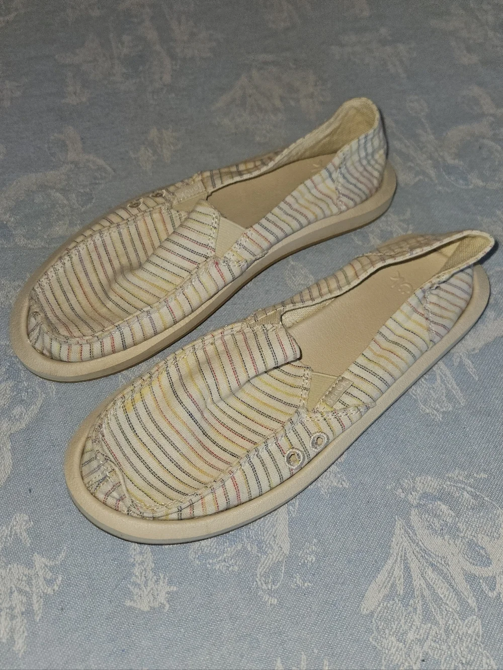 Sanuk Women's Multistripe Canvas Slip-Ons in Cream and Pastel Stripes